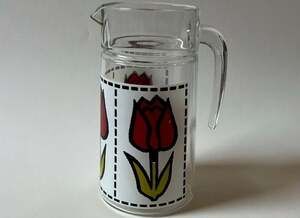 ARC France Luminarc Tulip Glass Pitcher with Red Floral Motif
